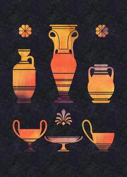 Terracotta watercolor Greek vases on a black background