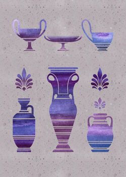 Ultraviolet watercolor silhouettes of coffee pots on a gray background.