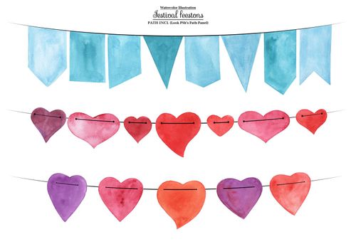 Watercolor set. Festival and party festoons. Flags and hearts