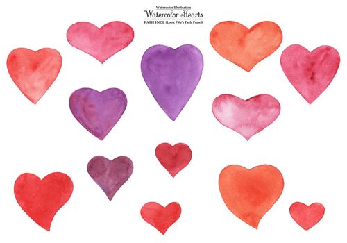 Watercolor set of any hearts. Violet, red, pink colors