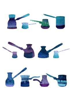 Ultramarine watercolor silhouettes of coffee pots on a white background. Isolated, path included