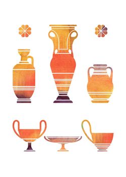 Terracotta watercolor Greek vases on a white background. Isolated, path included