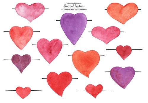Watercolor set. Festival and party festoons. Any hearts