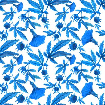 Watercolor cranberry hibiscus garden blue pattern. Flowers and buds on a branch.