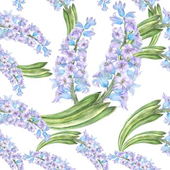 Modern watercolor botanical illustration in Old School style. Blue hyacinth. Seamless patterns, path included