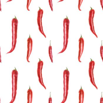 Modern botanical watercolor in traditional style. Red hot cayenne peppers, white background seamless pattern, path included