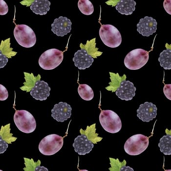 Modern watercolor botanical illustration. Blackberry and grape . Seamless pattern, black background