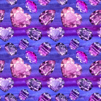 Watercolor gems seamless pattern, blue and violet colors