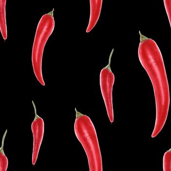 Modern botanical watercolor in traditional style. Red hot cayenne peppers, black background seamless pattern, path included