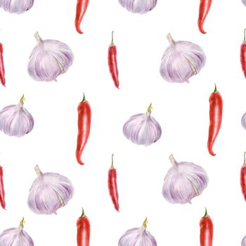Modern botanical watercolor in traditional style. Red pepperand pink garlic, white background seamless pattern, path included