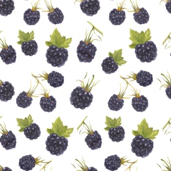 Modern watercolor botanical illustration. Blackberry. Seamless pattern, white backdrop, path included