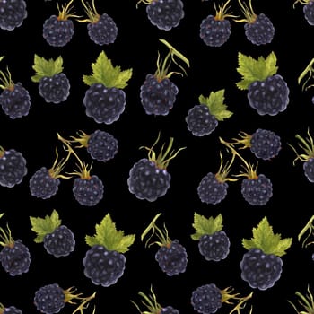 Modern watercolor botanical illustration. Blackberry. Seamless pattern, black backdrop
