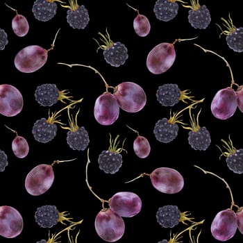 Modern watercolor botanical illustration. Blackberry and grape . Seamless pattern, black background