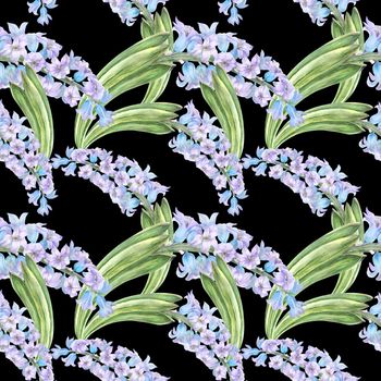 Modern watercolor botanical illustration in Old School style. Blue hyacinth. Seamless patterns, path included