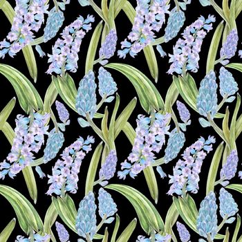 Watercolor botanical seamless pattern with hyacinth on a white background