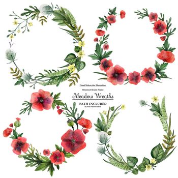 Set of 4 wreaths from meadow grasses for decoration. Watercolor on a white backdrop, isolated, path included