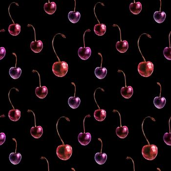 Watercolor purple cherry seamless pattern. Black seamless pattern