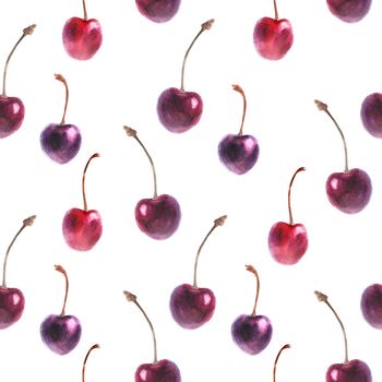 Watercolor purple cherry seamless pattern. White background, path included