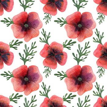 Decorative watercolor illustration. Pink red poppy flowers and leaves. Seamless pattern with path