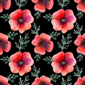 Decorative watercolor illustration. Pink red poppy flowers and leaves. Seamless pattern with path
