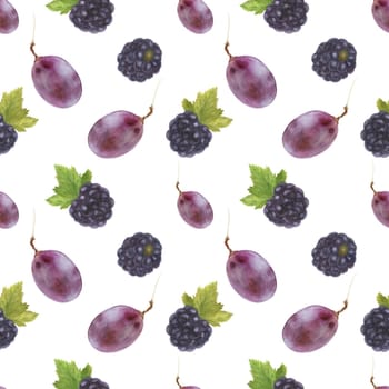 Modern watercolor botanical illustration. Blackberry and grape . Seamless pattern, white backdrop, path included