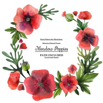 Wreaths from poppies and plants for decoration. Watercolor on a white backdrop, isolated, path included