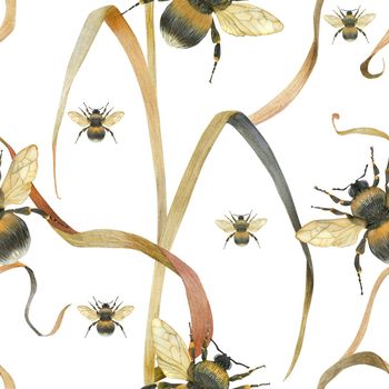 Watercolor seamless pattern bumblebee and meadow plant. Realistic style, white background, path included