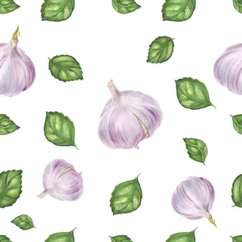 Vegan watercolor seamless pattern with basil leaves and garlic. White background, isolated, clipping path included
