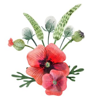 Poppy and grass hand painted watercolor boutonniere. Flowers and branches and leaves on a white background. Isolated, path included.