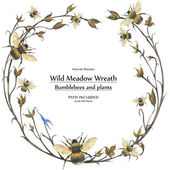 Nature design by watercolor. Bumblebee and plants wreath. isolated, path included