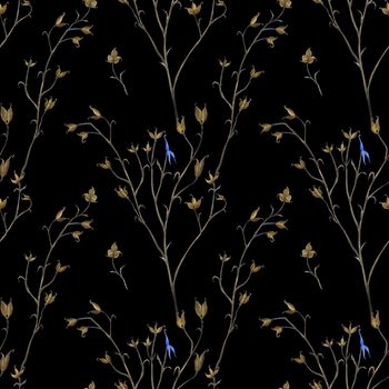 Watercolor seamless pattern Aconitum plant aka Wolfsbane plant. Realistic style, black background, path included