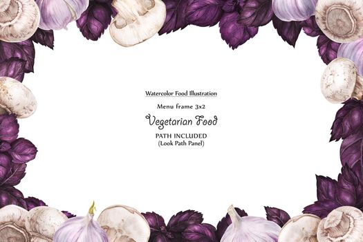 Watercolor wide vegan frame by freshness purple basil leaves, garlics and champignons. Isolated, clipping path included, vegan design