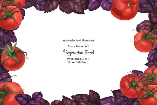 Watercolor wide vegan frame by freshness purple basil leaves and tomato. Isolated, clipping path included, vegan design