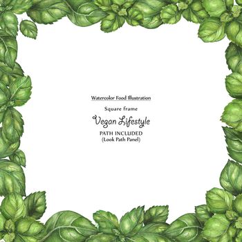 Watercolor green square frame by freshness basil leaves. for vegan lifestyle design. Isolated, clipping path included