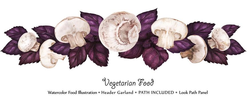 Watercolor vegan headline garland by freshness purple basil leaves and champignons. Isolated, clipping path included, vegan design