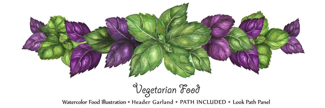 Watercolor vegan headline garland by freshness green and purple basil leaves. Isolated, clipping path included, vegan design