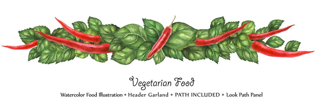 Watercolor vegan headline garland by freshness green basil leaves and hot pepper. Isolated, clipping path included, vegan design