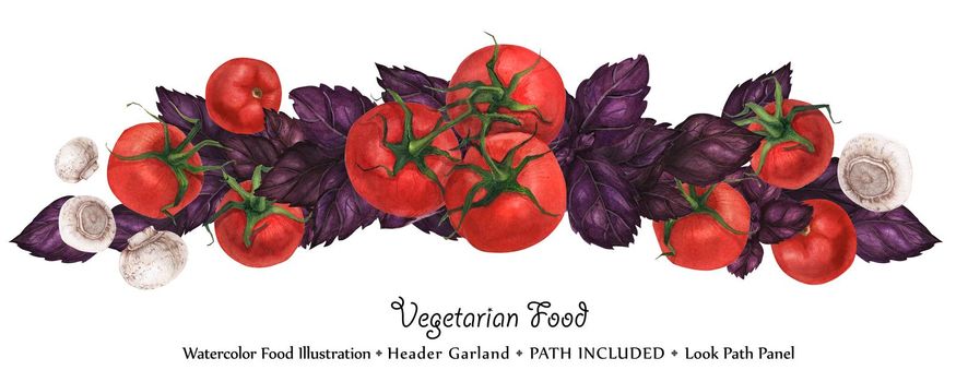 Watercolor vegan headline garland by freshness purple basil leaves, tomato and champignons. Isolated, clipping path included, vegan design