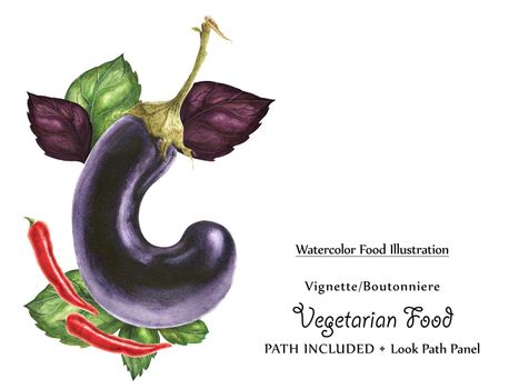 Watercolor vegan vignette biutonniere by freshnessbasil leaves, chili peppers and eggplant. Isolated, clipping path included, vegan design