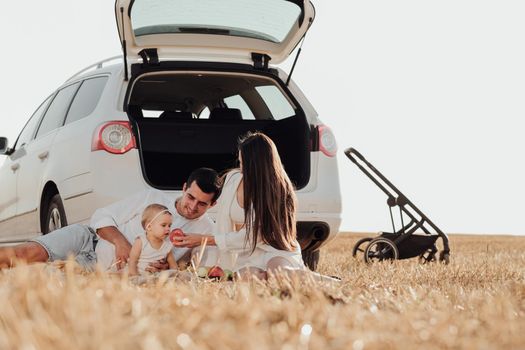 Young Family with Toddler Child Enjoying Picnic Outside the City, Mom and Dad with Their Daughter Having Fun Time in Field During Weekend Road Trip with Car
