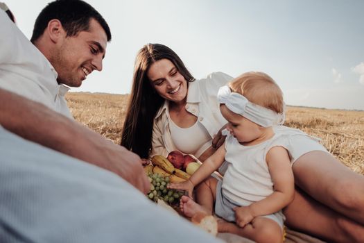 Young Family, Mother and Father with Their Toddler Daughter Having Picnic Time Outdoors in Field at Sunset