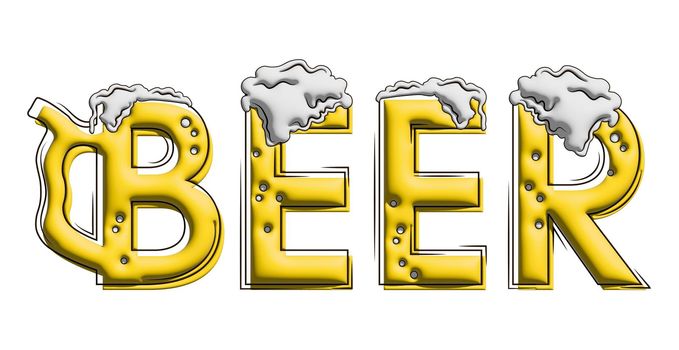 Text stylized as a beer drink, splashes and drops. Stylish design for a brand, label or advertisement 3D image