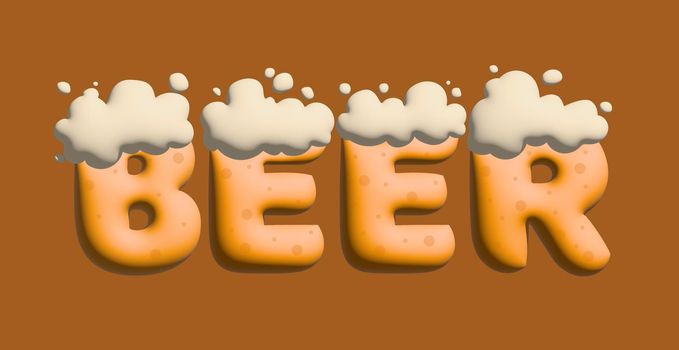Text stylized as a beer drink, splashes and drops. Stylish design for a brand, label or advertisement 3D image