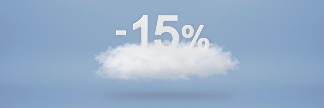 Discount 15 percent. Big discounts, sale up to fifteen percent. 3D numbers float on a cloud on a blue background. Copy space. Advertising banner and poster to be inserted into the project.
