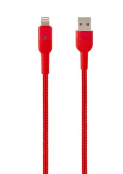 connector with cable USB, Lightning, red, isolated on white background