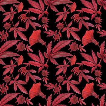 Watercolor cranberry hibiscus garden black pattern. Flowers and buds on a branch.
