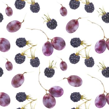 Modern watercolor botanical illustration. Grape and blackberry. Seamless pattern, white backdrop, path included