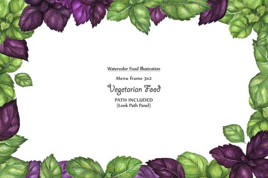 Watercolor wide vegan frame by freshness green and purple basil leaves. Isolated, clipping path included, vegan design