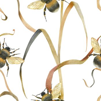 Watercolor seamless pattern bumblebee and meadow plant. Realistic style, white background, path included
