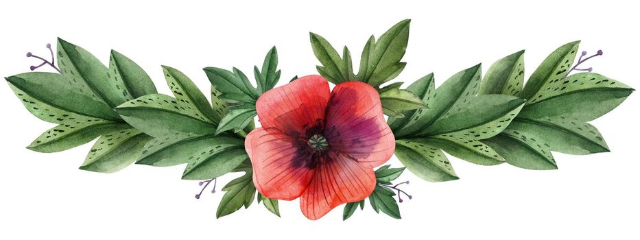 Wild Poppies hand painted watercolor headline or ending vingettes. Flowers and branches and leaves on a white background. Isolated, path included.